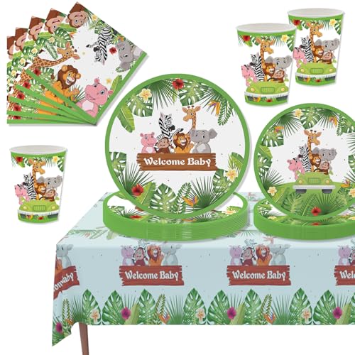 69 Stück Party Geschirr Set - Tierparty Pappteller, Servietten, Tassen, Tischdecke für Kindergeburtstag, Babyparty - Deko für 16 Gäste von MORAINJAY
