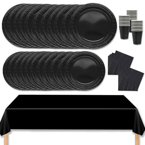 MORAINJAY 69 Stück Partygeschirr Set,Schwarz Papiergeschirr Set,Geburtstag Party Geschirr Set mit Tischdecke Pappteller Servietten Becher,für Hochzeiten,Weihnachten Geburtstagsparty Deko-16 Gäste von MORAINJAY