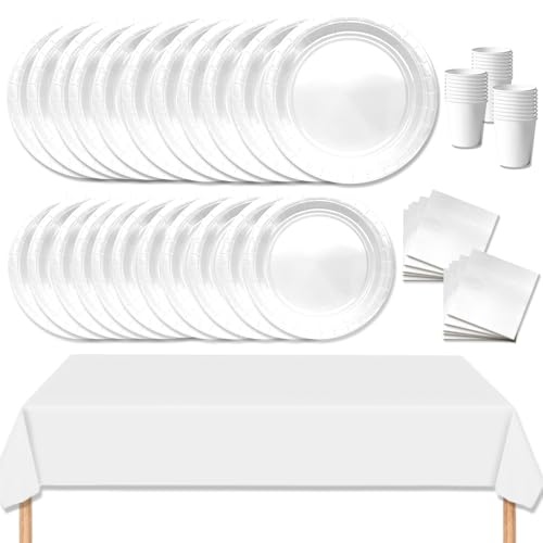 MORAINJAY 69 Stück Partygeschirr Set,Weiß Papiergeschirr Set,Geburtstag Party Geschirr Set mit Tischdecke Pappteller Servietten Becher,für Hochzeiten,Weihnachten Geburtstagsparty Deko-16 Gäste von MORAINJAY