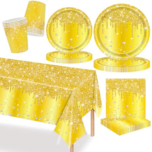 MORAINJAY 69 Teiliges Gold Geschirr Set, Pappteller, Tischdecke, Becher, Servietten, für Geburtstagsfeiern, Hochzeiten, Jubiläen, Feiertagsfeiern, Partygeschirr, Geburtstag Tischdeko MORAINJAY 69 Teiliges Gold Geschirr Set, Pappteller, Tischdecke, Becher, Servietten, für Geburtstagsfeiern, Hochzeiten, Jubiläen, Feiertagsfeiern, Partygeschirr, Geburtstag Tischdeko von MORAINJAY