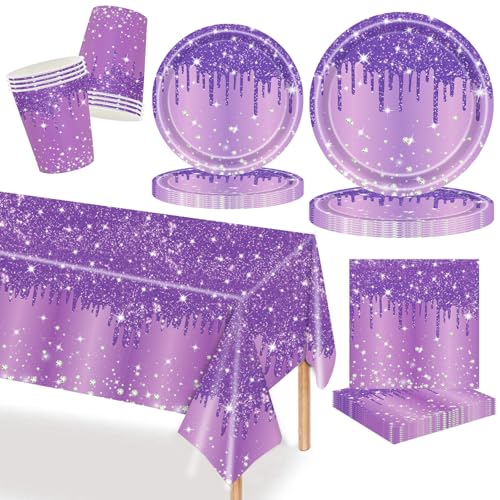 69P Lila Geschirrset, Glitzerdiamanten, Lilabecher, Teller, Servietten, Tischdecke, Papier, Edelstein-Geburtstagstischdekorationsset für Männer und Frauen, Geburtstagspartyzubehör 69P Lila Geschirrset, Glitzerdiamanten, Lilabecher, Teller, Servietten, Tischdecke, Papier, Edelstein-Geburtstagstischdekorationsset für Männer und Frauen, Geburtstagspartyzubehör von MORAINJAY