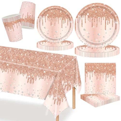 MORAINJAY 69 Teiliges Roségold Geschirr Set, Pappteller, Tischdecke, Becher, Servietten, für Geburtstagsfeiern, Hochzeiten, Jubiläen, Feiertagsfeiern, Partygeschirr, Geburtstag Tischdeko MORAINJAY 69 Teiliges Roségold Geschirr Set, Pappteller, Tischdecke, Becher, Servietten, für Geburtstagsfeiern, Hochzeiten, Jubiläen, Feiertagsfeiern, Partygeschirr, Geburtstag Tischdeko von MORAINJAY