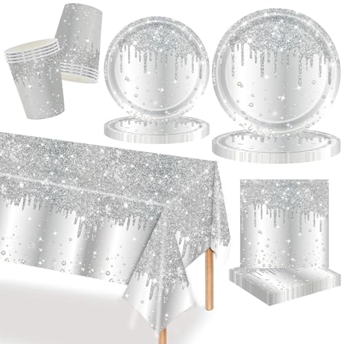 MORAINJAY 69 Teiliges Silber Geschirr Set, Pappteller, Tischdecke, Becher, Servietten, für Geburtstagsfeiern, Hochzeiten, Jubiläen, Feiertagsfeiern, Partygeschirr, Geburtstag Tischdeko MORAINJAY 69 Teiliges Silber Geschirr Set, Pappteller, Tischdecke, Becher, Servietten, für Geburtstagsfeiern, Hochzeiten, Jubiläen, Feiertagsfeiern, Partygeschirr, Geburtstag Tischdeko von MORAINJAY
