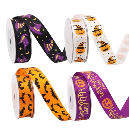 Halloween Satinband, 4 Rollen Halloween Ripsband 5 Yard x 16mm, Orange Schwarz Lila Geschenkband, Halloween Bänder Zierband Dekoband für Halloween, Stoffband Satin für Geschenkverpackung Kürbis Geist Halloween Satinband, 4 Rollen Halloween Ripsband 5 Yard x 16mm, Orange Schwarz Lila Geschenkband, Halloween Bänder Zierband Dekoband für Halloween, Stoffband Satin für Geschenkverpackung Kürbis Geist von MORAINJAY