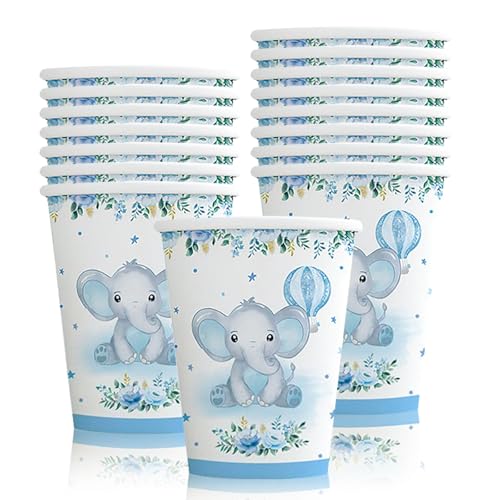 MORAINJAY 16 Stück Elefant Pappbecher Kindergeburtstag Baby Shower Deko für 16 Personen, Blauer Elefant Kulisse mit 250ml Pappbecher Geschirr Set für Baby Dusche Geburtstag Party Dekoratione von MORAINJAY