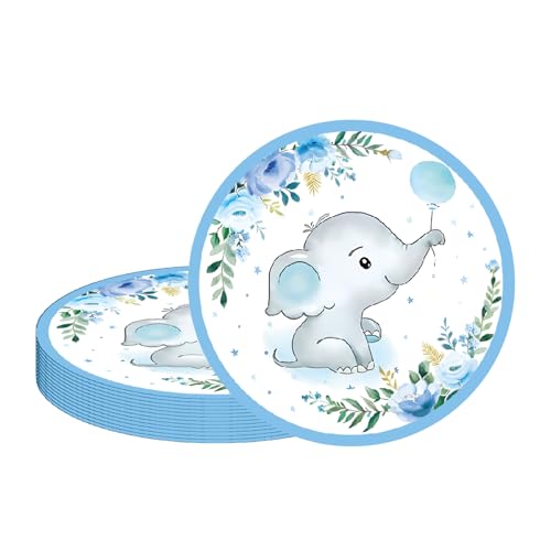 MORAINJAY 16 Stück Elefant Pappteller Kindergeburtstag Baby Shower Deko für 16 Personen, Blauer Elefant Kulisse mit 7 Zoll Pappteller Geschirr Set für Baby Dusche Geburtstag Party Dekoratione von MORAINJAY