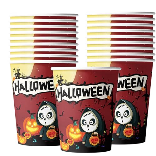 MORAINJAY 16 Stück Halloween Papierbecher,9oz/250ml Halloween Partygeschirr Becher,Rot Halloween Party Geschir,Halloween Becher für Halloween Partyzubehör Dekoration,Halloween Party Deko für 16 Gäste von MORAINJAY