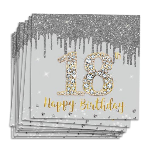 MORAINJAY 18 Geburtstag Papierserviette, 20 Stück Silbernes Mit Gold Geburtstagsservietten für Mädchen Junge, 16.5cm Quadrat Servietten für Party Deko von MORAINJAY