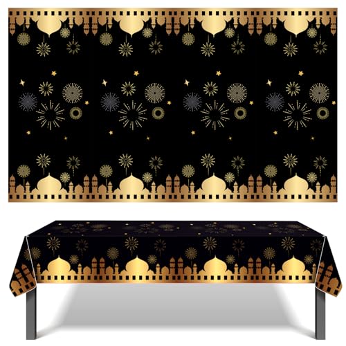 MORAINJAY 2 Stück Schwarze Eid Tischdecke Party, 130x220cm Große Tischdecken für Eid Mubarak Party, Rechteckige Kunststoff Tischdecken Mond und Stern Dekorationen für Islam, Muslimische von MORAINJAY