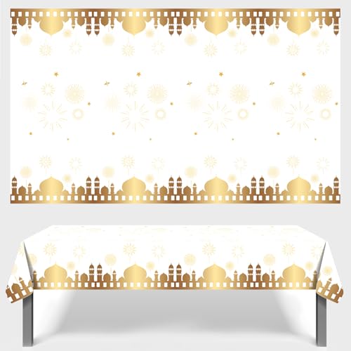 MORAINJAY 2 Stück Weiß Eid Tischdecke Party, 130x220cm Große Tischdecken für Eid Mubarak Party, Rechteckige Kunststoff Tischdecken Mond und Stern Dekorationen für Islam, Muslimische von MORAINJAY