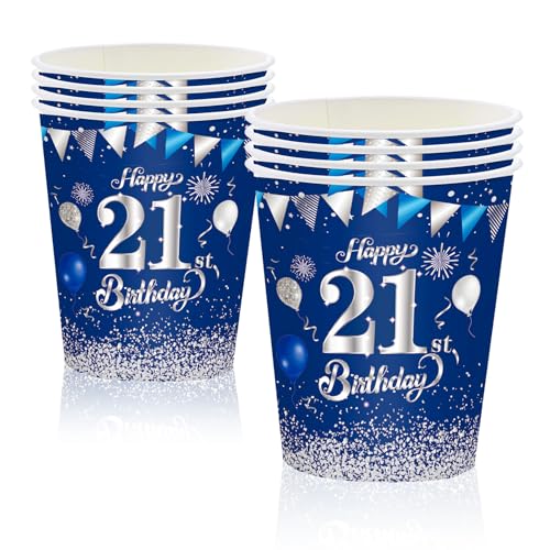 MORAINJAY 21 Geburtstag Papierbecher,16 Stück Blau mit Silver Papierbecher für Mädchen Junge 21 Geburtstag Party,9oz/250ml Papierbecher für 21. Geburtstag Party Deko von MORAINJAY