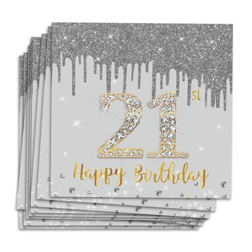 MORAINJAY 21 Geburtstag Papierserviette, 20 Stück Silbernes Mit Gold Geburtstagsservietten für Mädchen Junge, 16.5cm Quadrat Servietten für Party Deko von MORAINJAY