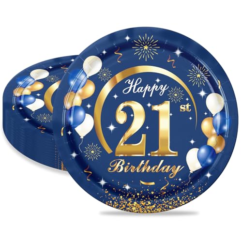 MORAINJAY 21 Geburtstag Pappteller,16 Stück Blau mit Gold Pappteller für Mädchen Junge 21 Geburtstag Party,9inch/23cm Pappteller für 21. Party Deko von MORAINJAY