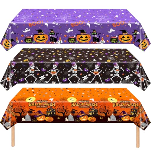 MORAINJAY 3 Stück Halloween Tischdecke aus Plastik, Grusel Spinnen Schwarz Lila Orange Kürbis Partydeko Halloween, 137x274 cm wasserdichte Tischdeko für Kinderparty, Buffet, Festdekorations von MORAINJAY