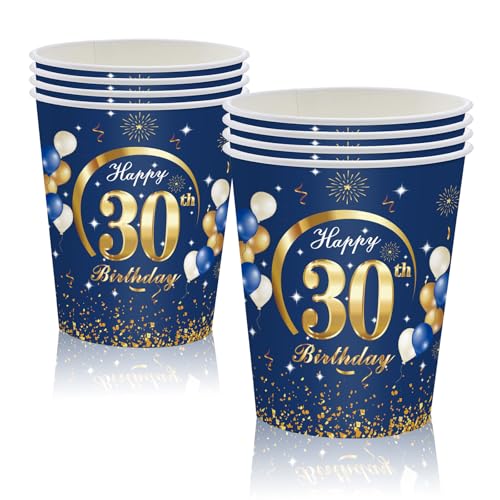 MORAINJAY 30. Geburtstag Papierbecher, 16 Stück Blau Mit Gold für Mann Frau, 9oz/250ml Party Deko von MORAINJAY