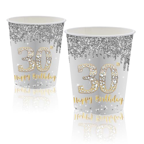 MORAINJAY 30 Geburtstag Papierbecher,16 Stück Silbernes mit Gold Papierbecher für Mann Frau 30 Geburtstag Party,9oz/250ml Papierbecher für 30. Geburtstag Party Deko von MORAINJAY