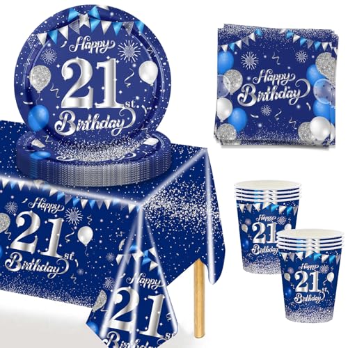 MORAINJAY 37 Stück 21 Geburtstagsdeko Partygeschirr Set,21. Blau Silver Tischdeko Geburtstag mit Tischdecken,Pappteller,Servietten für Geburtstagsdeko Mädchen/Junge Partys 16 Gäste 7 Zoll MORAINJAY 37 Stück 21 Geburtstagsdeko Partygeschirr Set,21. Blau Silver Tischdeko Geburtstag mit Tischdecken,Pappteller,Servietten für Geburtstagsdeko Mädchen/Junge Partys 16 Gäste 7 Zoll von MORAINJAY