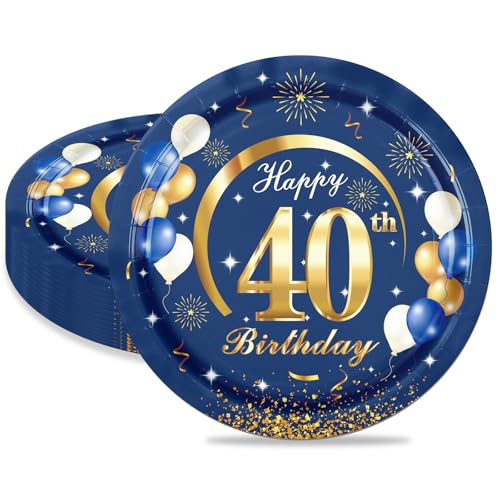 MORAINJAY 40 Geburtstag Pappteller,16 Stück Blau mit Gold Pappteller für Mann Frau 40 Geburtstag Party,9inch/23cm Pappteller für 40. Party Deko von MORAINJAY