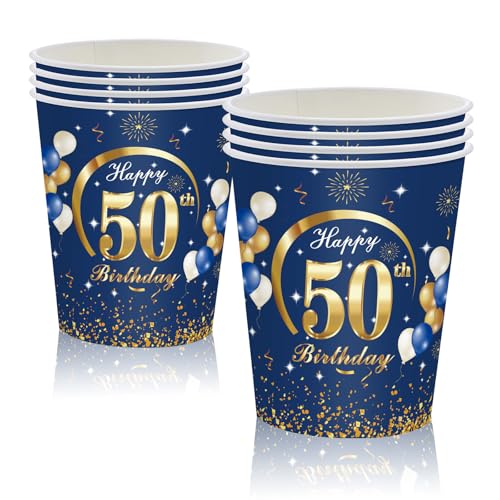 MORAINJAY 50. Geburtstag Papierbecher - 16 Stück Blau Mit Gold für Mann Frau, 9oz/250ml Party Deko von MORAINJAY