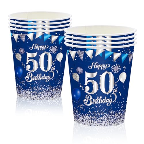 MORAINJAY 50. Geburtstag Papierbecher, 16 Stück Blau Mit Silber für Mann Frau, 9oz/250ml Party Deko von MORAINJAY