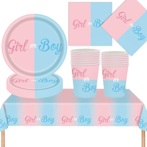 MORAINJAY 53 Stück Gender Reveal Partygeschirr für 16 Gäste, Babyparty Deko Partyteller Set, Neutral Girl or Boy Baby Party Decoration Rosa Blau Teller Becher Servietten Tischdecke für Baby Shower MORAINJAY 53 Stück Gender Reveal Partygeschirr für 16 Gäste, Babyparty Deko Partyteller Set, Neutral Girl or Boy Baby Party Decoration Rosa Blau Teller Becher Servietten Tischdecke für Baby Shower von MORAINJAY