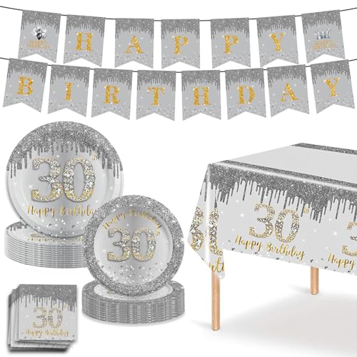 MORAINJAY 54 Stück 30 Geburtstagsdeko Partygeschirr Set,30. Silbernes Tischdeko Geburtstag mit Tischdecken,Pappteller,Servietten,Papier Tassen,Banner für Geburtstagsdeko Mädchen/Frauen Partys 16 Gäste von MORAINJAY