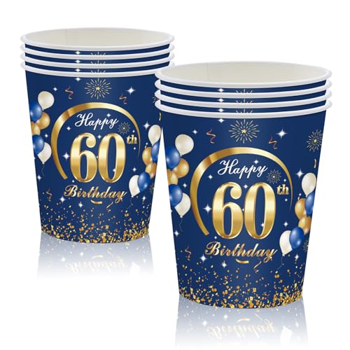 MORAINJAY 60. Geburtstag Papierbecher - 16 Stück Blau Mit Gold für Mann Frau, 9oz/250ml Party Deko von MORAINJAY