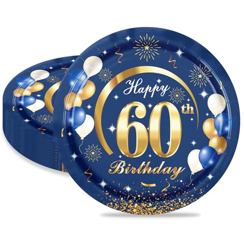MORAINJAY 60 Geburtstag Pappteller, 16 Stück Blau mit Gold Pappteller für Mann Frau 60 Geburtstag Party, 9inch/23cm Pappteller für 60. Party Deko MORAINJAY 60 Geburtstag Pappteller, 16 Stück Blau mit Gold Pappteller für Mann Frau 60 Geburtstag Party, 9inch/23cm Pappteller für 60. Party Deko von MORAINJAY