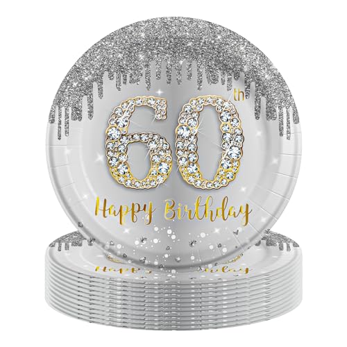 MORAINJAY 60. Geburtstag Pappteller, 16 Stück Silbernes Mit Gold für Mann Frau, 9inch/23cm Party Deko Partyzubehör von MORAINJAY