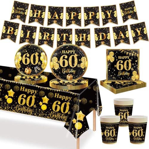 MORAINJAY 60. Schwarzes Gold Partygeschirr Geburtstag 70 Teiliges Set. Pappteller, Pappbecher, Servietten, Papierbanner, 60 Jahre Party für Herren und Damen Geburtstag Tischdeko MORAINJAY 60. Schwarzes Gold Partygeschirr Geburtstag 70 Teiliges Set. Pappteller, Pappbecher, Servietten, Papierbanner, 60 Jahre Party für Herren und Damen Geburtstag Tischdeko von MORAINJAY