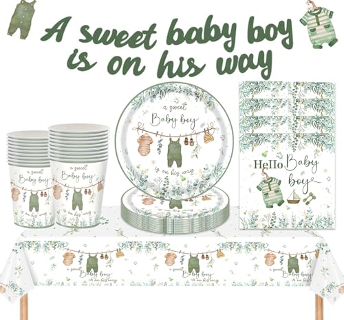 MORAINJAY 63 Stück Junge Babyparty Deko für 16 Gäste, Babyshow Partygeschirr mit Pappteller Pappbecher Servietten Tischdecke, Baby Boy Banner Girlande für Baby Dusche Babyshowerparty Geburtstag MORAINJAY 63 Stück Junge Babyparty Deko für 16 Gäste, Babyshow Partygeschirr mit Pappteller Pappbecher Servietten Tischdecke, Baby Boy Banner Girlande für Baby Dusche Babyshowerparty Geburtstag von MORAINJAY