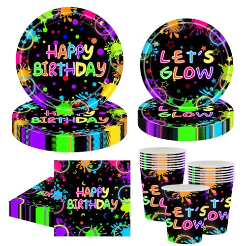 MORAINJAY 68 Stück Neon Glow Partygeschirr für 16 Gäste, Deko Geburtstag Geschirr Schwarzlicht, Leuchtende Partyteller Kindergeburtstag, Neon Glow Schwarzlicht Pappteller Pappbecher Servietten von MORAINJAY