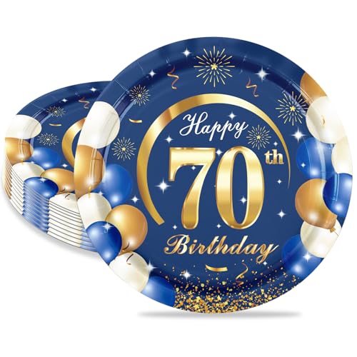 MORAINJAY 70 Geburtstag Pappteller,16 Stück Blau mit Gold Pappteller für Mann Frau 70 Geburtstag Party,7inch/18cm Pappteller für 70. Party Deko von MORAINJAY