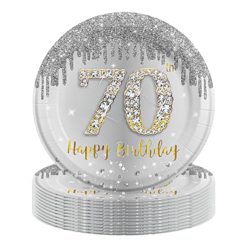MORAINJAY 70. Geburtstag Pappteller, 16 Stück Silbernes Mit Gold für Mann Frau, 9inch/23cm Party Deko Partyzubehör von MORAINJAY