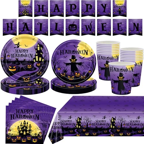 MORAINJAY 70 Stück Lila Halloween Geschirr für 16 Personen,Partygeschirr Set Inklusive Pappteller, Pappbecher, Servietten, Tischdecke, Happy Halloween Girlande für Grusel Party Dekoration von MORAINJAY