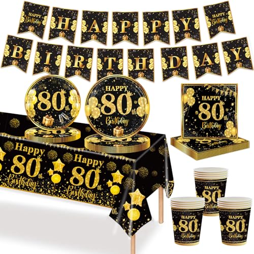 MORAINJAY 80. Schwarzes Gold Partygeschirr Geburtstag 70 Teiliges Set. Pappteller, Pappbecher, Servietten, Papierbanner, 80 Jahre Party für Herren und Damen Geburtstag Tischdeko MORAINJAY 80. Schwarzes Gold Partygeschirr Geburtstag 70 Teiliges Set. Pappteller, Pappbecher, Servietten, Papierbanner, 80 Jahre Party für Herren und Damen Geburtstag Tischdeko von MORAINJAY