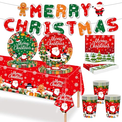 MORAINJAY 70-teiliges Weihnachts-Papiergeschirr-Set, Weihnachtsmann- und Lebkuchenmann-Druck, Tischdekoration mit Pappbechern, Banner, Papptellern und Servietten für Heiligabend und Weihnachtsfeier MORAINJAY 70-teiliges Weihnachts-Papiergeschirr-Set, Weihnachtsmann- und Lebkuchenmann-Druck, Tischdekoration mit Pappbechern, Banner, Papptellern und Servietten für Heiligabend und Weihnachtsfeier von MORAINJAY