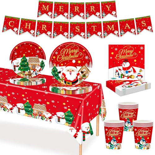 MORAINJAY 70-teiliges Weihnachts-Papiergeschirr-Set, Weihnachtsmann- und Lebkuchenmann-Druck, Tischdekoration mit Pappbechern, Banner, Papptellern und Servietten für Heiligabend und Weihnachtsfeier MORAINJAY 70-teiliges Weihnachts-Papiergeschirr-Set, Weihnachtsmann- und Lebkuchenmann-Druck, Tischdekoration mit Pappbechern, Banner, Papptellern und Servietten für Heiligabend und Weihnachtsfeier von MORAINJAY