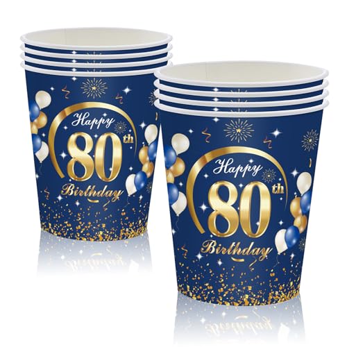 MORAINJAY 80. Geburtstag Papierbecher, 16 Stück Blau Mit Gold für Mann Frau, 9oz/250ml Party Deko von MORAINJAY