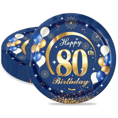 MORAINJAY 80 Geburtstag Pappteller,16 Stück Blau mit Gold Pappteller für Mann Frau 80 Geburtstag Party,9inch/23cm Pappteller für 80. Party Deko von MORAINJAY