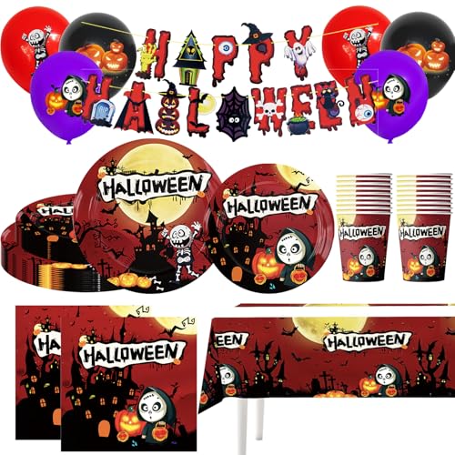 MORAINJAY 88 Stück Halloween Partygeschirr Set,Rot Halloween Party Geschir mit Pappteller,Servietten,Tassen,Tischdecke,Banner,Halloween Tischdecke Partydeko für 16 Gäste,Halloween Dekor MORAINJAY 88 Stück Halloween Partygeschirr Set,Rot Halloween Party Geschir mit Pappteller,Servietten,Tassen,Tischdecke,Banner,Halloween Tischdecke Partydeko für 16 Gäste,Halloween Dekor von MORAINJAY