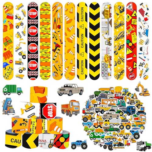 MORAINJAY 36 Stück Baufahrzeug-Slap-Armbänder und 50 Sticker, Slap-Bänder für Partytüten, Kindergeburtstags-Mitgebsel, Partygeschenke für Mädchen und Jungen, Bauparty-Zubehör MORAINJAY 36 Stück Baufahrzeug-Slap-Armbänder und 50 Sticker, Slap-Bänder für Partytüten, Kindergeburtstags-Mitgebsel, Partygeschenke für Mädchen und Jungen, Bauparty-Zubehör von MORAINJAY