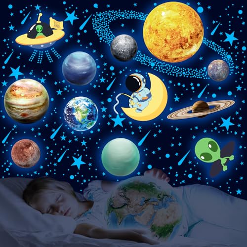 MORCART Leuchtende Sterne und Sonnensystem-Wandtattoos, einschließlich Sonne und 12 Planeten, Astronauten und Außerirdischen, ideal für Kinderzimmer Wand- und Deckendekor (Blau) von MORCART