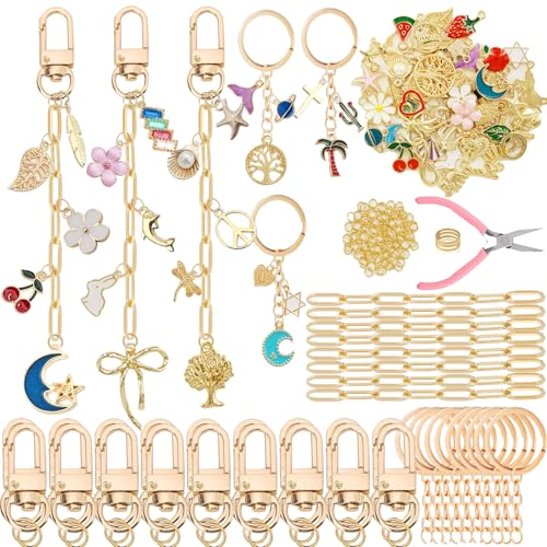 MORWLAT Goldenes DIY-Schlüsselanhänger-Set, niedliches Taschenanhänger-Set, 110 Charms, 28 Schlüsselanhänger-Clips mit Schlüsselring, drehbarer Karabinerhaken, Karabinerverschlüsse, 200 Biegeringe von MORWLAT
