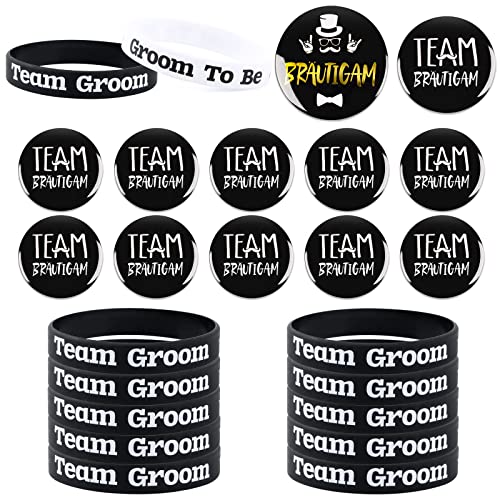 24Pcs JGA Deko Männer Bräutigam Button, Männer Armbänder, 1 Groom mit 11 Team Groom Junggesellenabschied JGA Accessoires Abzeichen Mitgebsel Partyzubehör Schwarz von MOSNOW