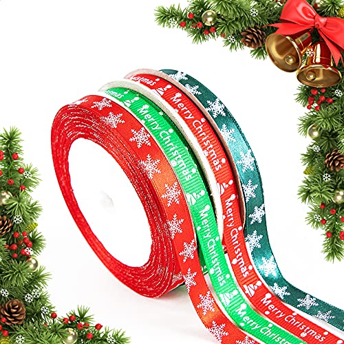 4 Rollen Geschenkband, Schleifenband Weihnachten Schneeflocke Brief Muster Ripsband Weihnachtsband Satinband für Weihnachten Dekoration, DIY Weihnachtsdekor (Rot, Grün) von MOSNOW