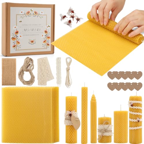 MOSROAD Bienenwachsblätter zur Kerzenherstellung, 30 Stück, DIY-Bienenwachskerzen-Rollset für Kinder und Erwachsene, natürliche Wabenblätter (20,3 x 20,3 cm) mit Baumwolldocht, Bienenornamenten von MOSROAD