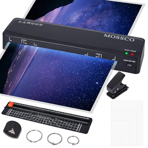 MOSSCO Laminiergerät A3 A4 A5 A6, Heiß und Kalt Laminiermaschine mit 20 Laminierfolien, Papierschneider, Eckenabrunder, Locher und 3 Binderingen für Büro, Schule und zu Hause von MOSSCO