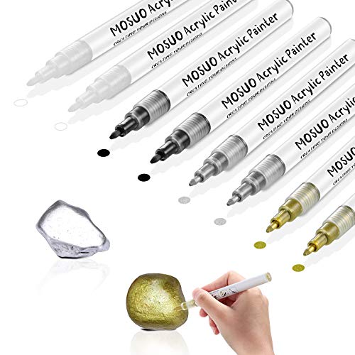 MOSUO Acrylstifte Marker Stifte, 8PCS 0.7mm Permanent Marker Wasserfeste Acrylstifte für Steine Bemalen, DIY Fotoalbum, Keramik, Glas, Metall, Kunststoff, Holz, Leinwand (Schwarz Weiß Silber Gold) von MOSUO