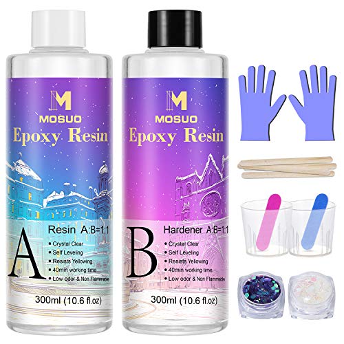 MOSUO Epoxidharz Kristallklares Harz Kit 600ml/23oz für Anfänger, Kunstharz Zubehör und Gießharz Starter Kit mit Harz Glitzer, Messbecher, Handschuhe und Stöcke für Kunst, Handwerk, Schmuckherstellung von MOSUO